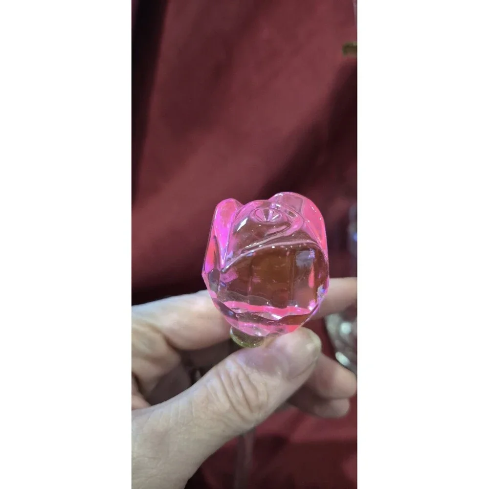 New Eros Glass Rose Bouquet Set 6 Crystal Pink Roses 8” Heart Vase New In Box